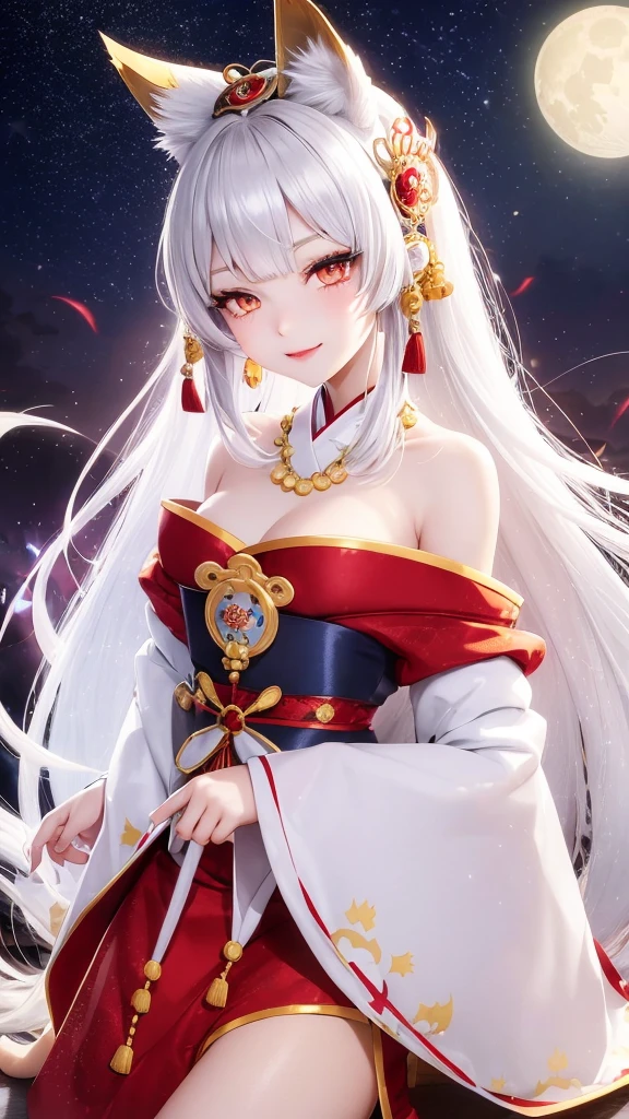 Kitsune girl,hime cut,silver eyes,gold darkblue and red tones japanese cloth, geisha dress theme sun&moon , traditional japanese , long white hair,silver fox ears, have kitsune tail, beautiful woman, silver eyes, elegant, young adult beautiful,night , starry night,sexy eyes,flirting,smile, erotic,nude, royal charm