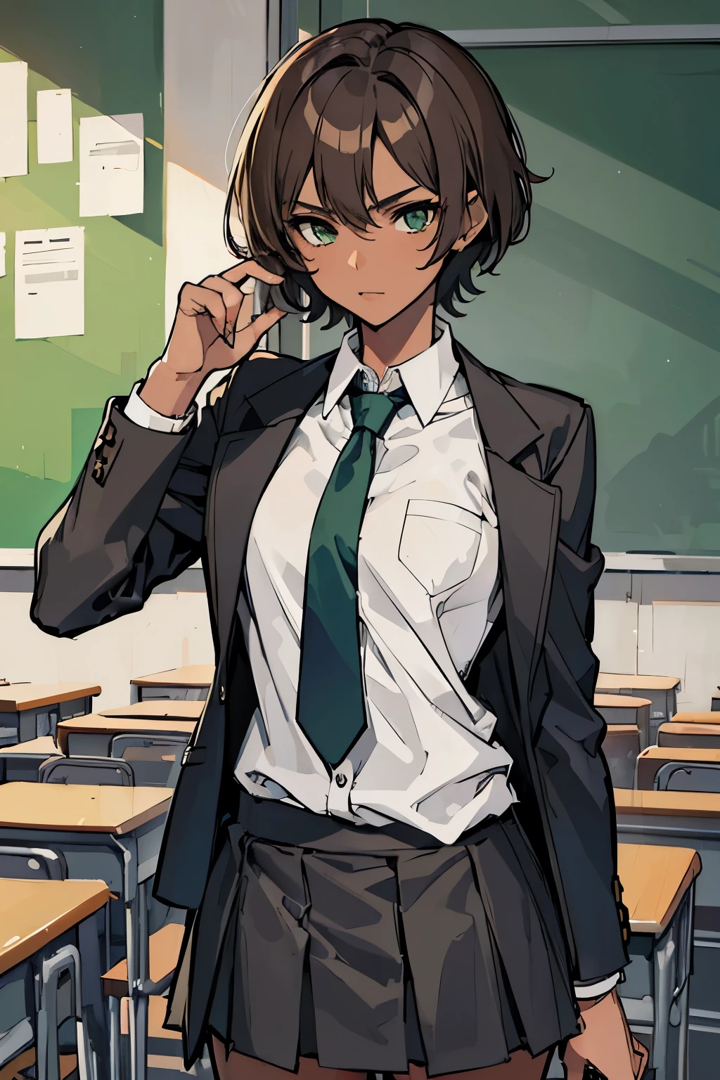 ((best quality, masterpiece)), 1girl, female, high, short hair, spiky hair, boyish hair, stern, brown hair, {{dark skin}}, green eyes, student council president, confident, handsome girl, black uniform, inside classroom