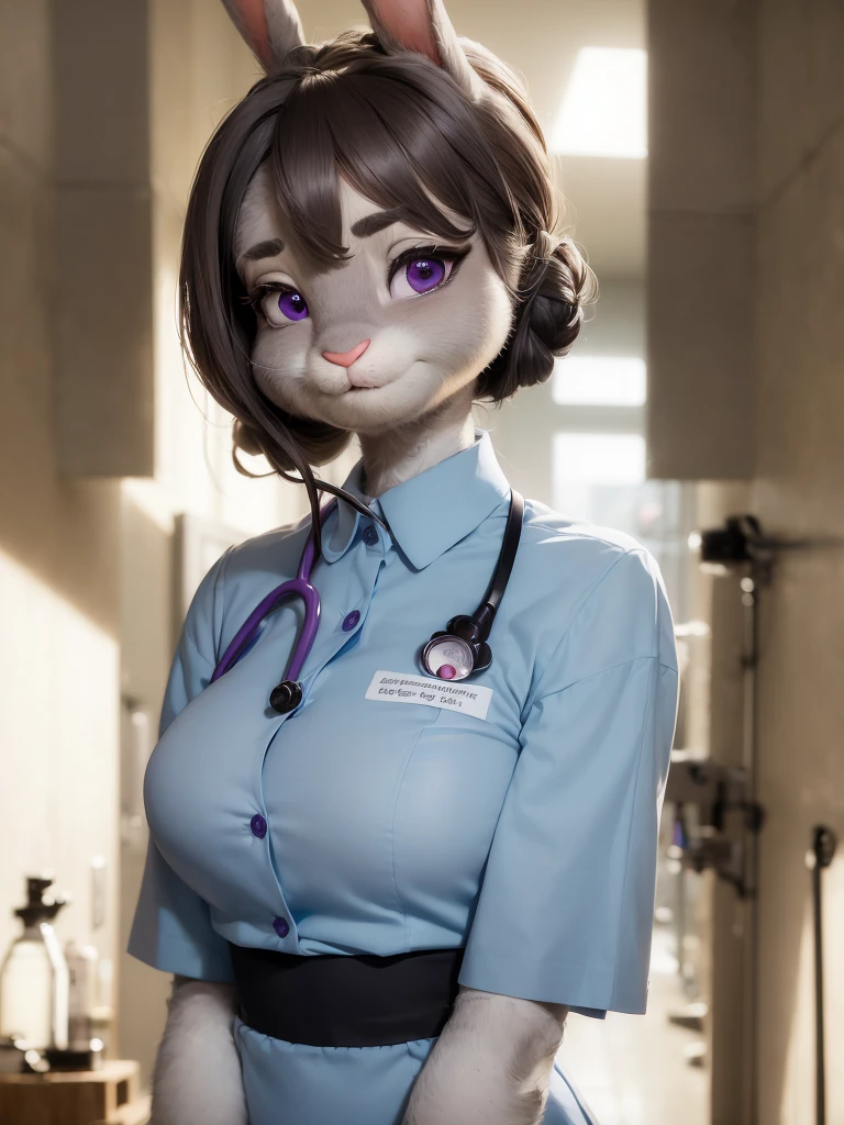 Highest quality,
masterpiece,
Ultra-realistic,
Super detailed,
Beautiful details,
4K,8K,upper,
pixar,
Photo realistic,
Medium Shot,
Background is ((hospital room)),
Realistic lighting,
((Anthropomorphic rabbit)),
Detailed animals,
Complex patterns,
(Furry:1.35),
(All skin is grey:1.35),
(The body is fluffy and bushy:1.1),
Realistic fur,
Human hand,
(Judy Hopps face:1.35),
((Single bun hairstyle)),
((side part bangs)), bangs,
hair color is dark gray,
Purple eyes,
{Eye highlights, Clear eyes, Eyes sparkling, Large, round pupils},
Detailed Iris,
(Eyebrows raised:1.2),
(Crescent eyebrows:1.3),
(Bunny ears:1.3),
hospitality smile,
((Angel smile)),
innocent smile,
raised corners of mouth,
The woman is wearing ((nurse uniform)) with collar, skirt,
cyan blue nurse uniform,
cyan blue nurse skirt,
collared shirt,
((Stethoscope)),
((consultation)),
Put one hand on self neck,
(alone:1.5),
(1. Female:1.5),
Only 1 character,
Perfect Anatomy,
lighting forward,
Lighting front,
Intricate details,
Ray Tracing,
Realistic,
