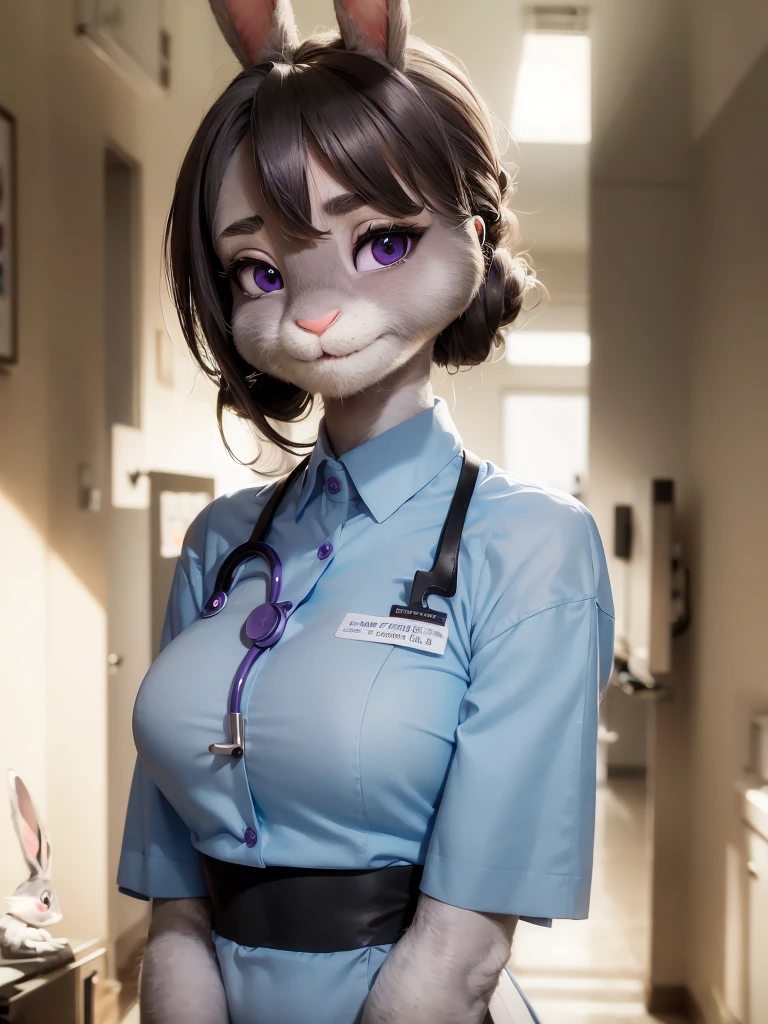 Highest quality,
masterpiece,
Ultra-realistic,
Super detailed,
Beautiful details,
4K，8K，upper,
pixar,
Photo realistic,
Medium Shot,
Background is hospital,
Realistic lighting,

((Anthropomorphic rabbit)),
Detailed animals,
Complex patterns,
(Furry:1.35),
(All skin is grey:1.35),
(The body is fluffy and bushy:1.2),
Realistic fur,

Human hand,

(Judy Hopps face:1.35),
((bun hairstyle)),
((side part bangs)), bangs,
hair color is dark gray,
Purple eyes,
{Eye highlights, Clear eyes, Eyes sparkling, Large, round pupils},
Detailed Iris, 
(Eyebrows raised:1.2),
(Crescent eyebrows:1.3),
(Bunny ears:1.3),
smile,
big smile,
innocent smile,
raised corners of mouth,

The woman is wearing nurse uniform,
cyan blue nurse uniform,

(alone:1.5),
(1. Female:1.5),
Only 1 character,
Perfect Anatomy,

lighting forward,
Lighting front,
Intricate details, 
Ray Tracing, 
Realistic, 