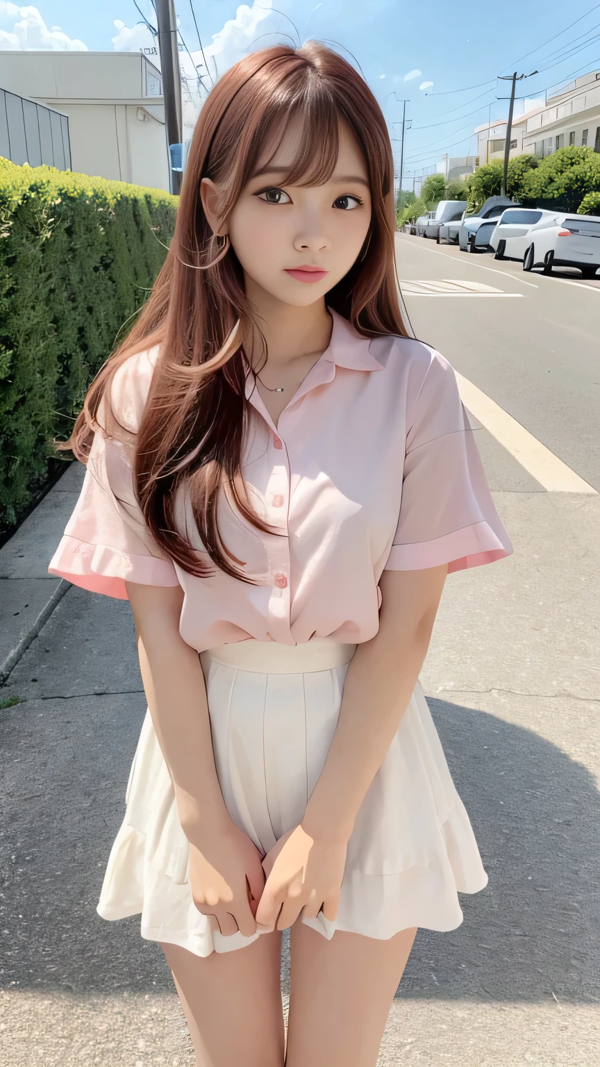 Sunburn marks on tanned skin、blush、Multicolored hair color、Bangs on the face、Bangs between the eyes、Super long hair、A cute looking -yeld、A ong wind blows my hair in front of my face、Beautiful big sparkling eyes, Cute eyes hidden by long bangs、Yawn、No visible nasolabial folds、A short, light-colored miniskirt、A cute and colorful summer blouse、Korean Beauty、Dark blush on the cheeks