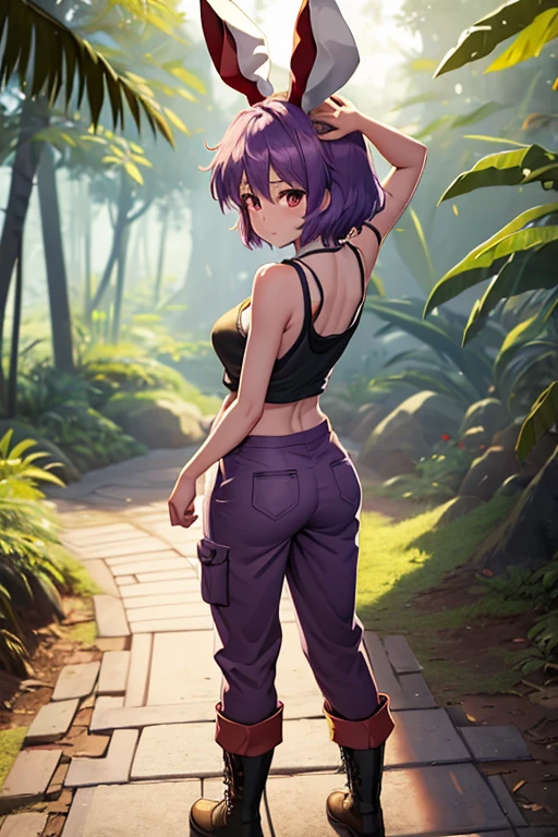 1Girl, Touhou, Reisen Inaba, Rainforest village backgorund, red eyes color, short hair, purple light hair color, Military pattern pants, dark brown boots, Female military tanktop (dirty), wide shot, full body, standing, sunlight