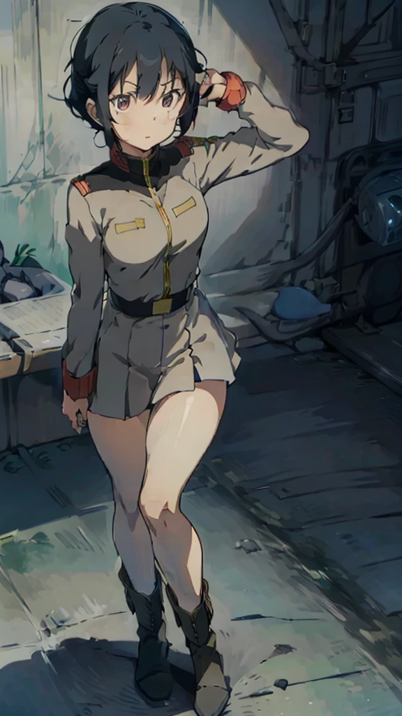 1 girl、Beautiful female officer of the Earth Federation Army、short black hair、side braid，Idol-level cuteness、Accurately draw faces、Although she has a slim figure, her breasts are big、Healthy Thighs Short Skirt Earth Federation Army、knee height、Battleship bridge interior、anatomically correct、Precise fingers、Precise leaf stone carving、Photoreal