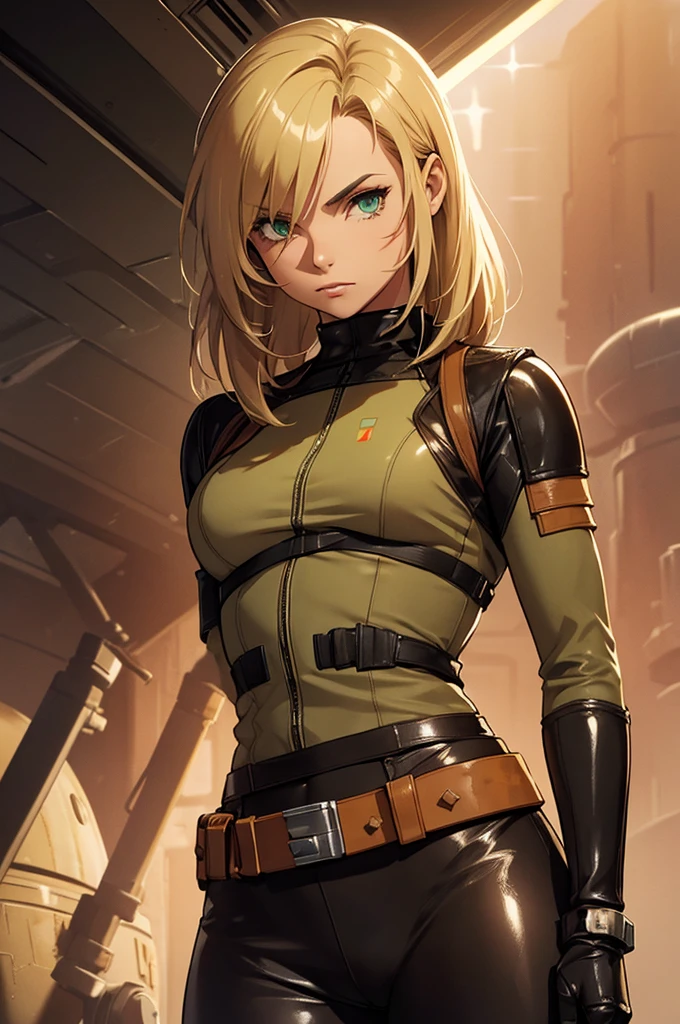 Female smuggler from Star Wars. Tatooine background. Young, fit. Blonde longer hair. Green eyes. Wearing tight leather brown leggings with a belt.
