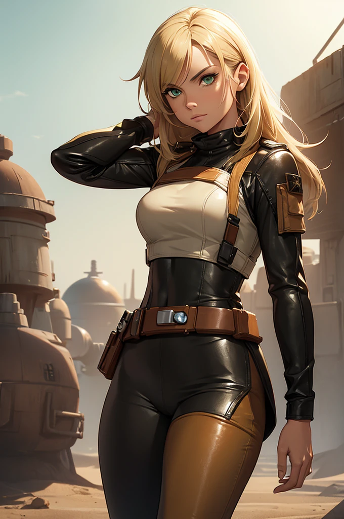 Female smuggler from Star Wars. Tatooine background. Young, fit. Blonde longer hair. Green eyes. Wearing tight leather brown leggings with a belt.