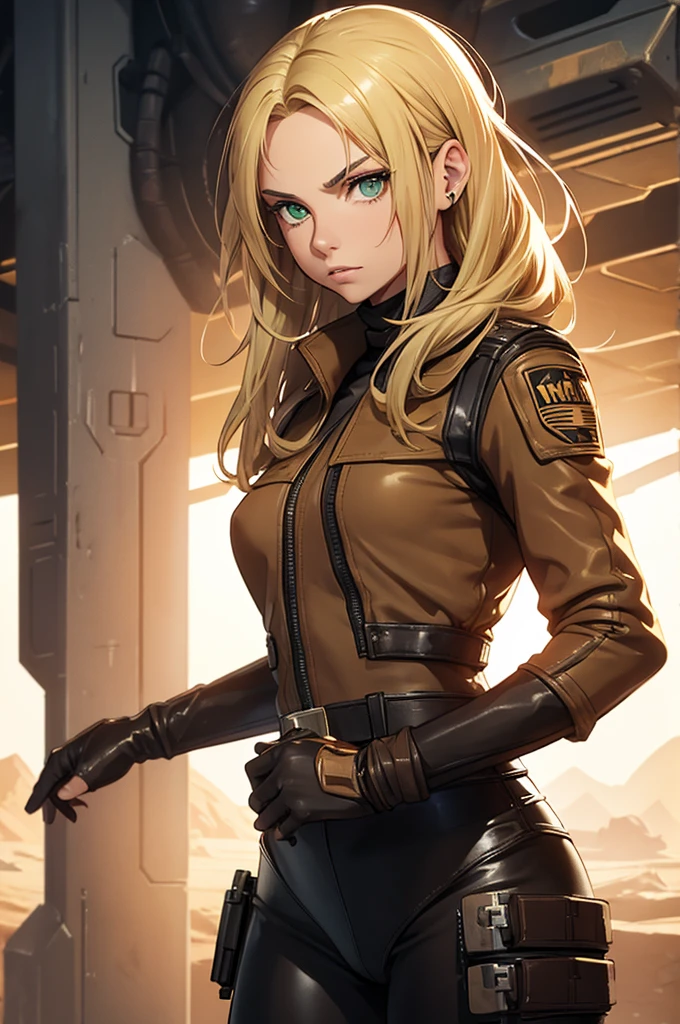 Female smuggler from Star Wars. Tatooine background. Young, fit. Blonde longer hair. Green eyes. Wearing tight leather brown leggings with a belt.