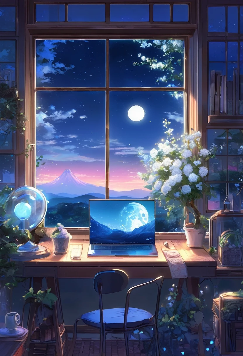 A tranquil scene unfolds in a magical lab setting: a laptop with a glowing screen rests on a desk by a large window, showcasing a serene moonlit landscape. Blue neons softly illuminate white flowers next to a tablet and PC monitor. A vocal microphone and headphones hint at creativity buzzing in the air. This anime-inspired digital painting, winning a pixiv contest, exudes a cozy, enchanting ambiance, captivating viewers with its blend of mystical realism and fairy tale allure.