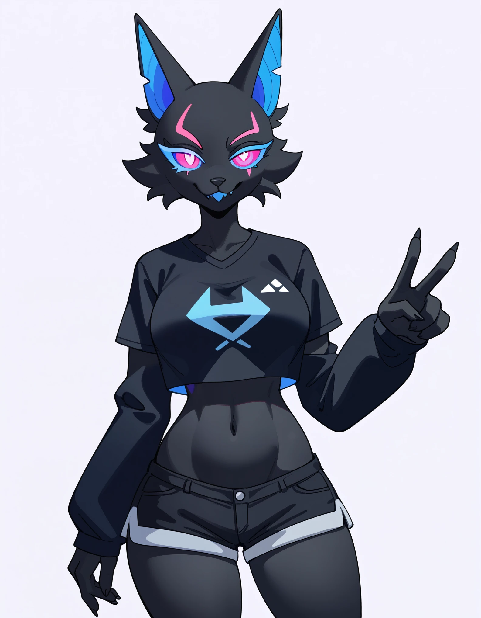Anthro, furry female, blue inner ear, black fur, black body, pink eyes, blue sclera, wearing black t shirt, black short shorts, tall and curvy, grinning, simple white background, flat colors, simple white background, flat colors,