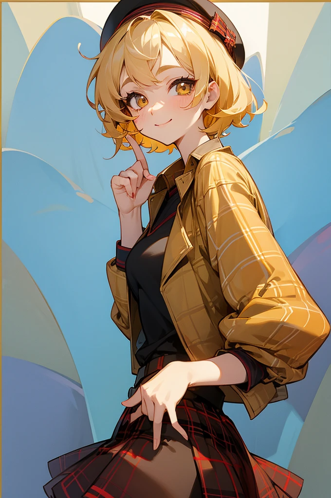 cute woman, gorgeous and beautiful face, a smile in her face, short curly hair, golden hair, big eyes, golden eyes, wearing a plaid jacket, a shirt, a skirt and a beret, small breast, anime style.