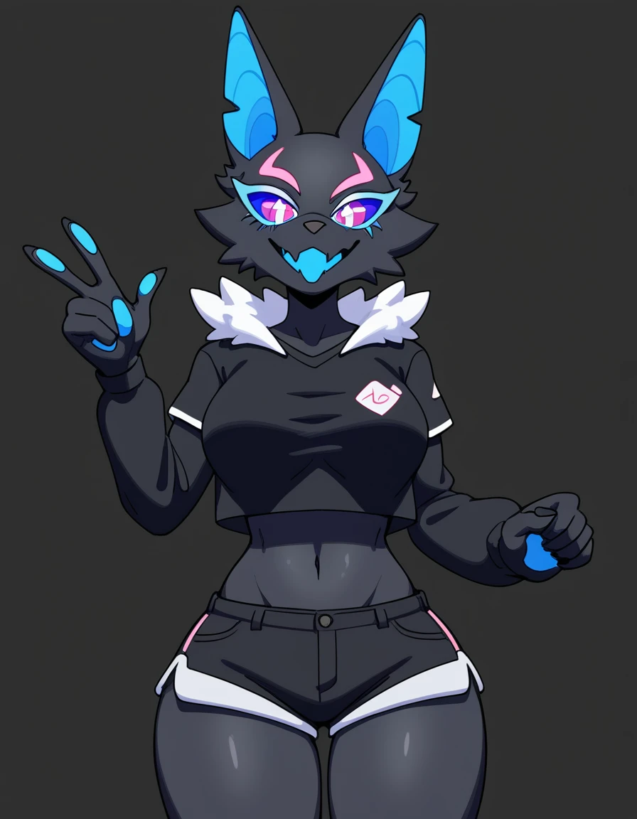 Anthro, furry female, blue inner ear, black fur, black body, pink iris, blue sclera, wearing black t shirt, black short shorts, tall and curvy, grinning, simple white background, flat colors, simple white background, flat colors,