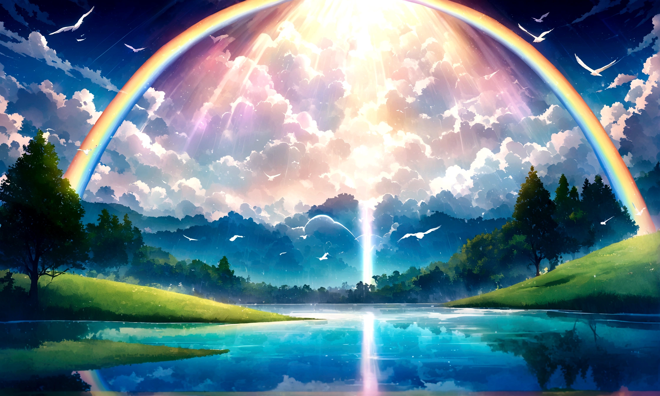 sky sky, blue, White Cloud, After the rain, Sunlight, refraction, Seven colors, Red, orange, yellow, green, blue, Purple, arc, Bridge to Heaven, Light, dream magic, want to, Calm lake, inverted image, Tree silhouette, Birds flying, Fresh, magic, Beautiful natural landscape