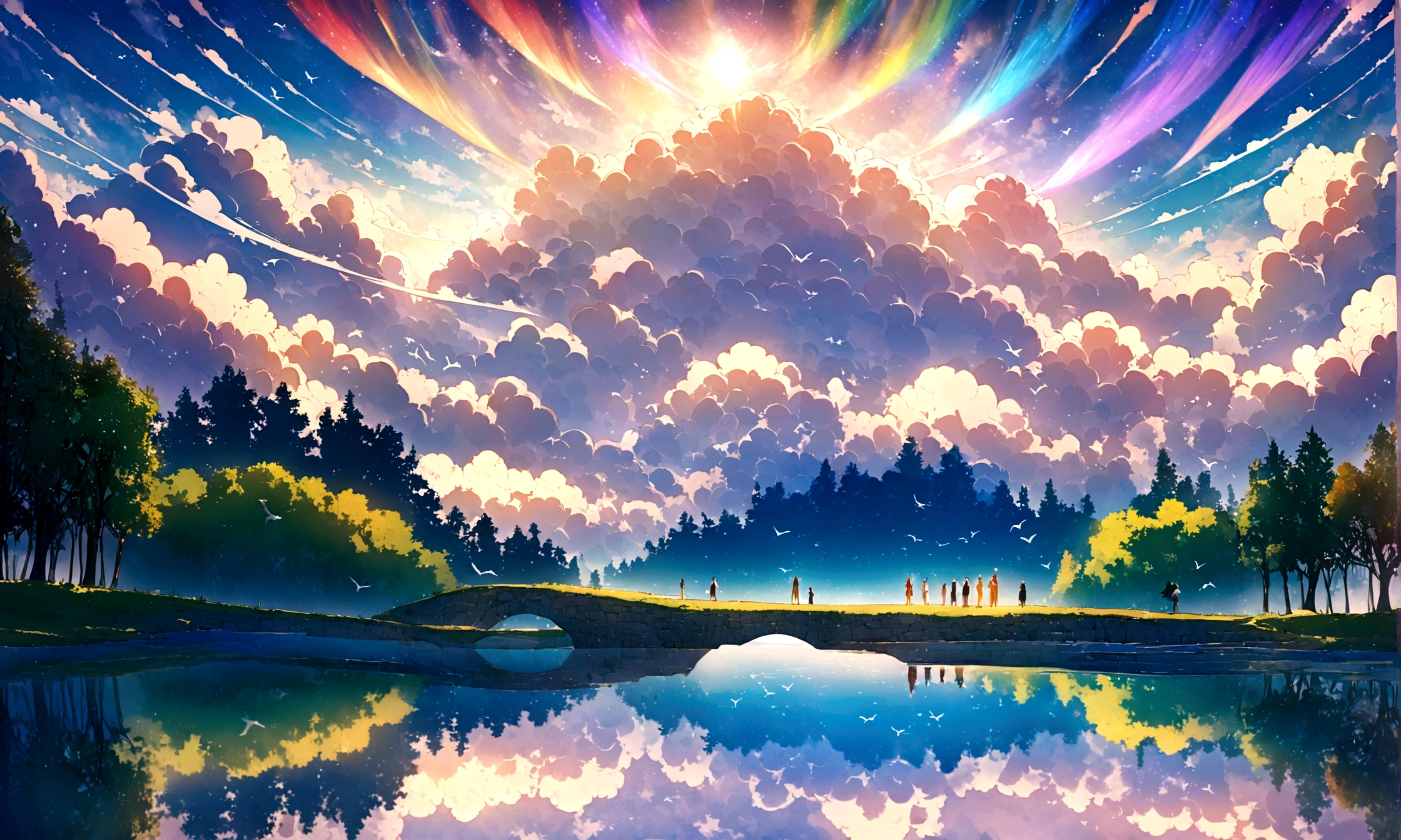 sky sky, blue, White Cloud, After the rain, Sunlight, refraction, Seven colors, Red, orange, yellow, green, blue, Purple, arc, Bridge to Heaven, Light, dream magic, want to, Calm lake, inverted image, Tree silhouette, Birds flying, Fresh, magic, Beautiful natural landscape