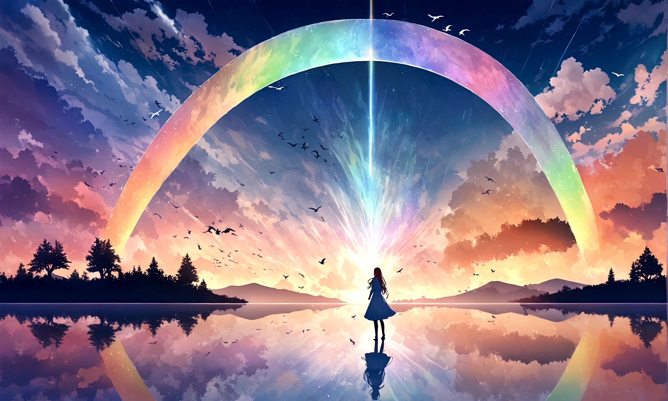 sky sky, blue, White Cloud, After the rain, Sunlight, refraction, Seven colors, Red, orange, yellow, green, blue, Purple, arc, Bridge to Heaven, Light, dream magic, want to, Calm lake, inverted image, Tree silhouette, Birds flying, Fresh, magic, Beautiful natural landscape