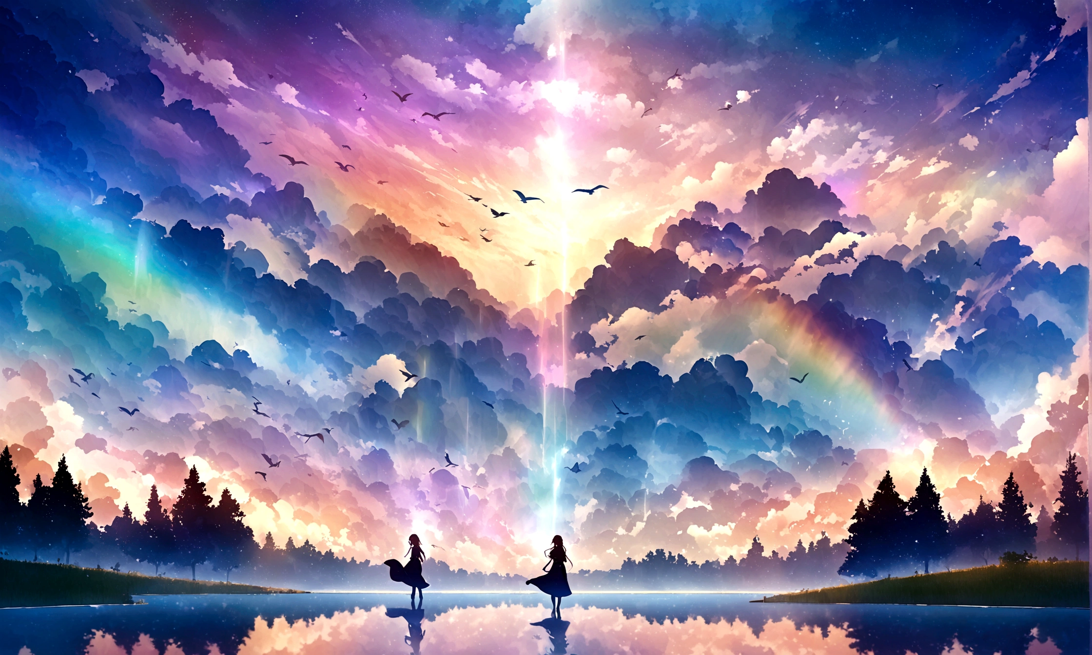 sky sky, blue, White Cloud, After the rain, Sunlight, refraction, Seven colors, Red, orange, yellow, green, blue, Purple, arc, Bridge to Heaven, Light, dream magic, want to, Calm lake, inverted image, Tree silhouette, Birds flying, Fresh, magic, Beautiful natural landscape
