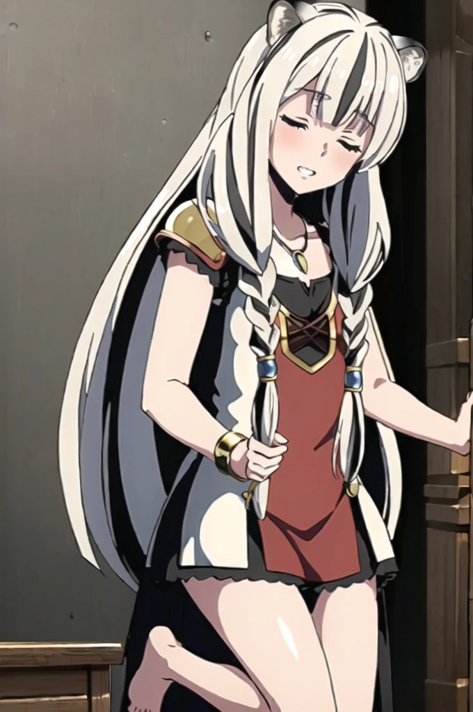 ((masterpiece)), (best quality), (ultra-detailed), photorealistic, (best illustration), ((an extremely delicate and beautiful)), 1girl, solo, long hair, tiger ears, white hair, two-tone hair, facing viewer, barefoot, closed eyes, short sleeves, school, low twin braids, twin braids, hair ornament, blush, head tilt, upper teeth, flat chest, young, aged down, happy, collarbone, necklace,  raphtalia clothes, armor, sword,