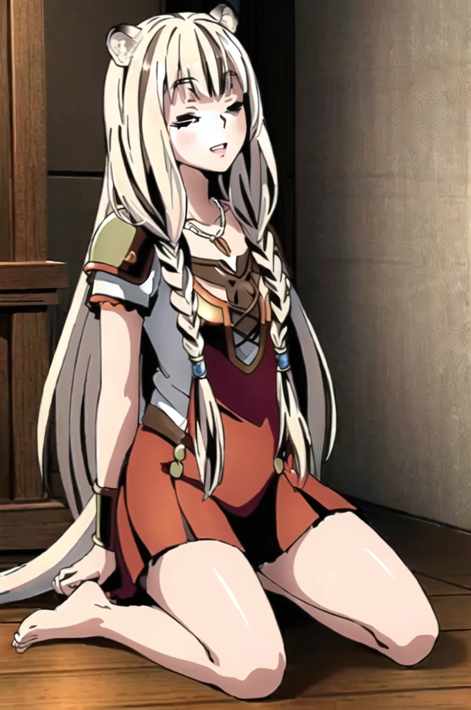 ((masterpiece)), (best quality), (ultra-detailed), photorealistic, (best illustration), ((an extremely delicate and beautiful)), 1girl, solo, long hair, tiger ears, white hair, two-tone hair, facing viewer, barefoot, closed eyes, short sleeves, school, low twin braids, twin braids, hair ornament, blush, head tilt, upper teeth, flat chest, young, aged down, happy, collarbone, necklace,  raphtalia clothes, armor, sword,