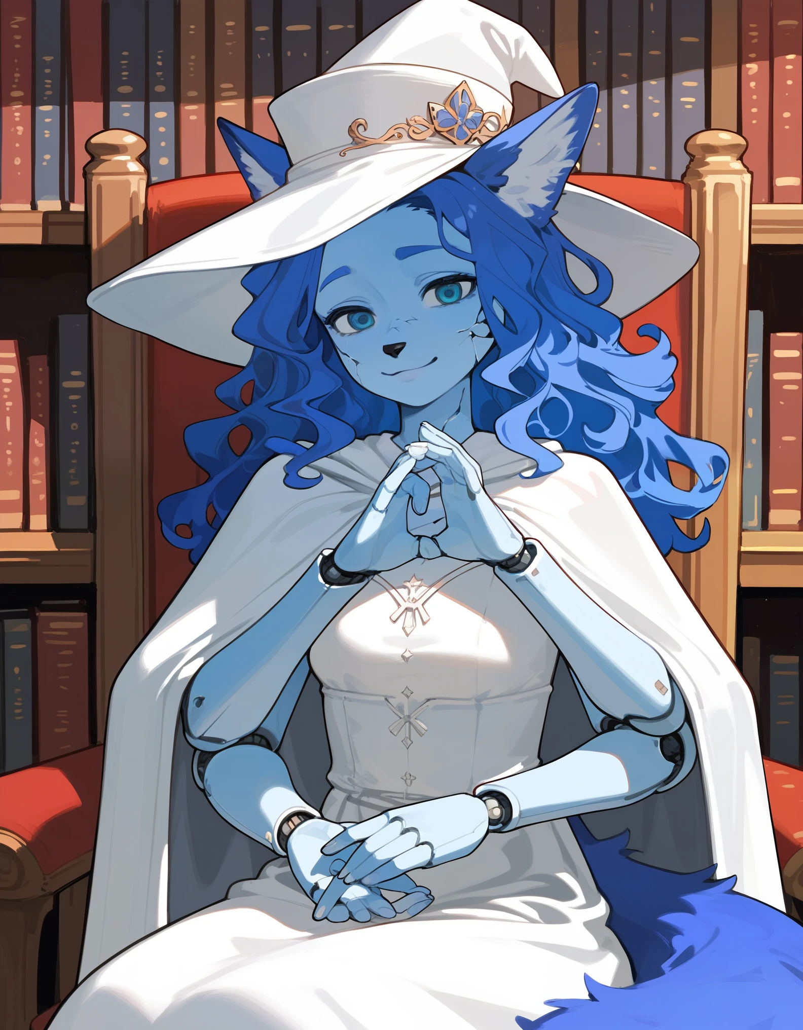 Score_9, score_8_up, score_7_up, masterpiece, best quality, 1girl, solo, an Anthro furry blue fox girl, fox snout, black nose, IncrsXLRanni, wavy hair, cracked skin, colored skin, blue fur, extra arms, four arms, doll joints, white dress, white hat, white cloak, pondering pose, sitting on a chair, in a magical library, in a tower, all four hands on her lap, smiling, lounging