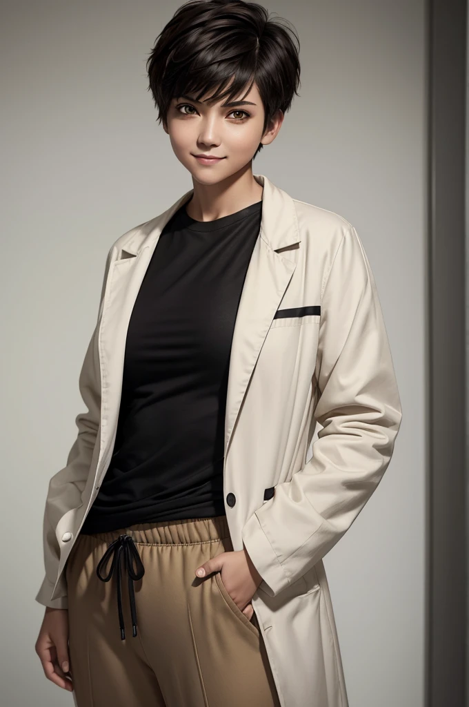 woman with short, fluffy hair, tomboy cut, bright golden eyes, intimidating and serious look, smiling in a neutral way, wearing a black shirt, black joggers and a white doctor's coat, thin, flat (without bust) but hip