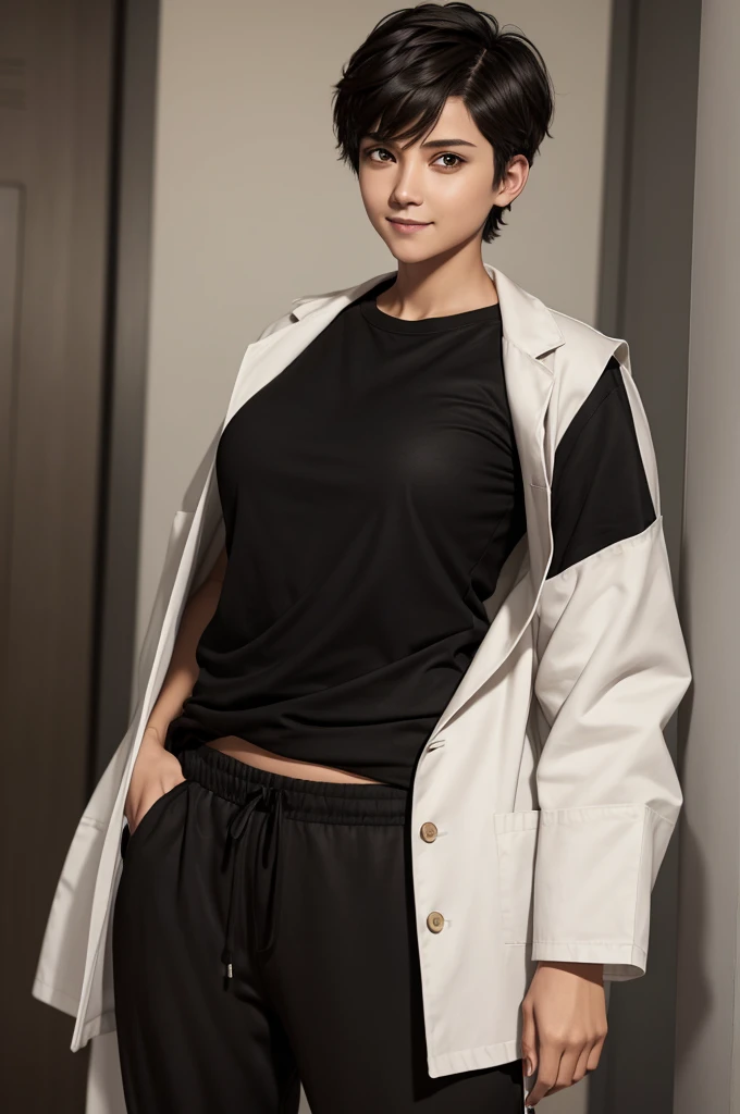 woman with short, fluffy hair, tomboy cut, bright golden eyes, intimidating and serious look, smiling in a neutral way, wearing a black shirt, black joggers and a white doctor's coat, thin, flat (without bust) but hip