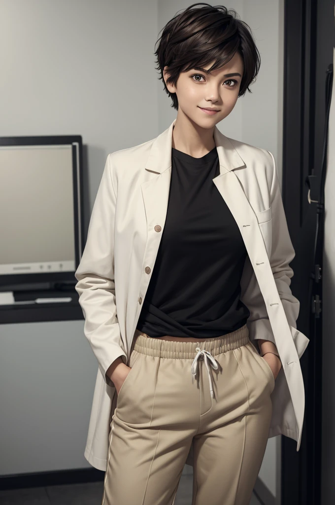 woman with short, fluffy hair, tomboy cut, bright golden eyes, intimidating and serious look, smiling in a neutral way, wearing a black shirt, black joggers and a white doctor's coat, thin, flat (without bust) but hip