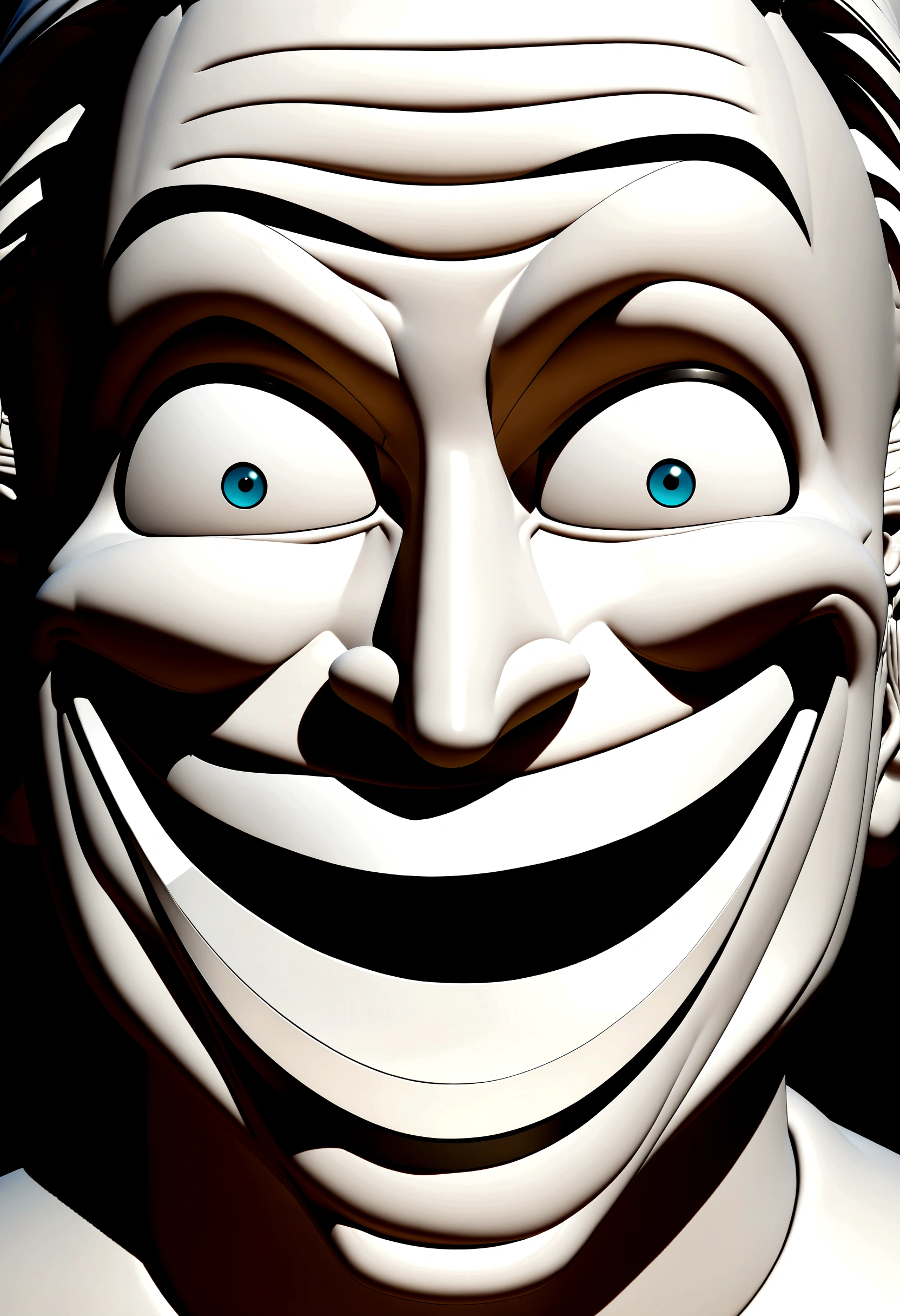 Smiling Man Illustration, insane smile, White-skinned adult man with a giant smile, happily smiling at the camera, cheeky smile, he's smiling, very huge smile, smiling male, headshot profile picture, laughing huge smile, drawing in 3D Art style, C4D, pure white color background, Disney style, pixar style render illustration Super Detail, 8K