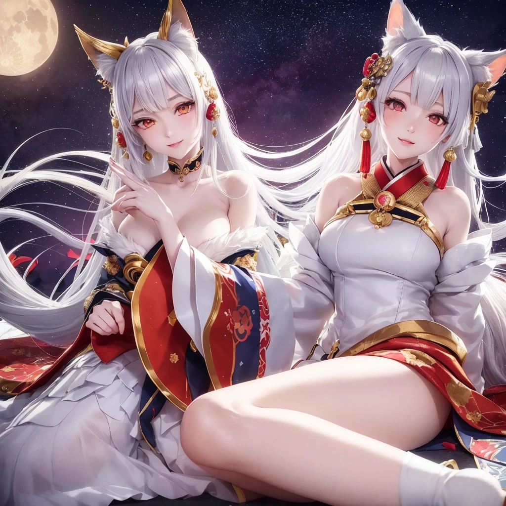 Kitsune girl,hime cut,silver eyes,gold darkblue and red tones japanese cloth, geisha dress theme sun&moon , traditional japanese , long white hair,silver fox ears, have kitsune tail, beautiful woman, silver eyes, elegant, young adult beautiful,night , starry night,sexy eyes,flirting,smile, erotic,nude, royal charm