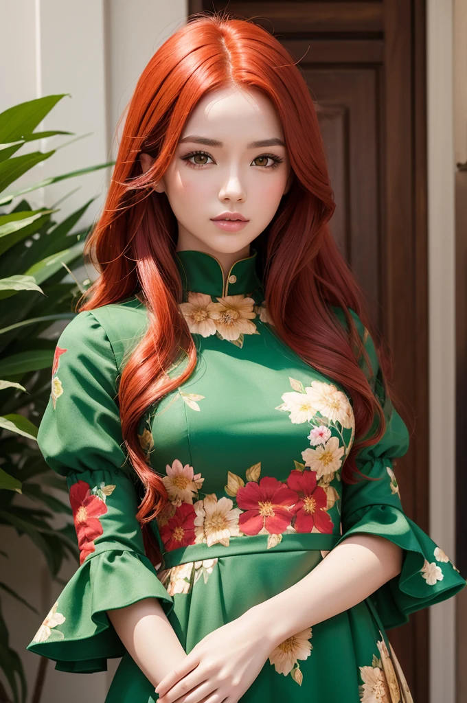 Create a 2D image, of a model with red hair and fair skin, with a green period dress, with puffed sleeves and floral print.