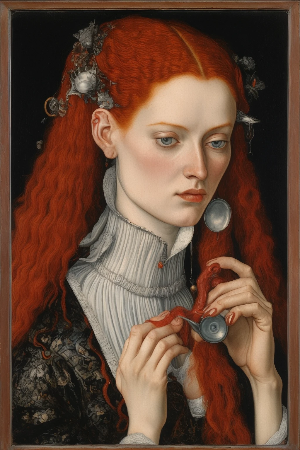 Portrait of a beautiful court lady washing her long red hair while succubi whisper in her ear, todo con el estilo de Lucas Cranach Style - Renaissance and Impressionism to wild contemporary art