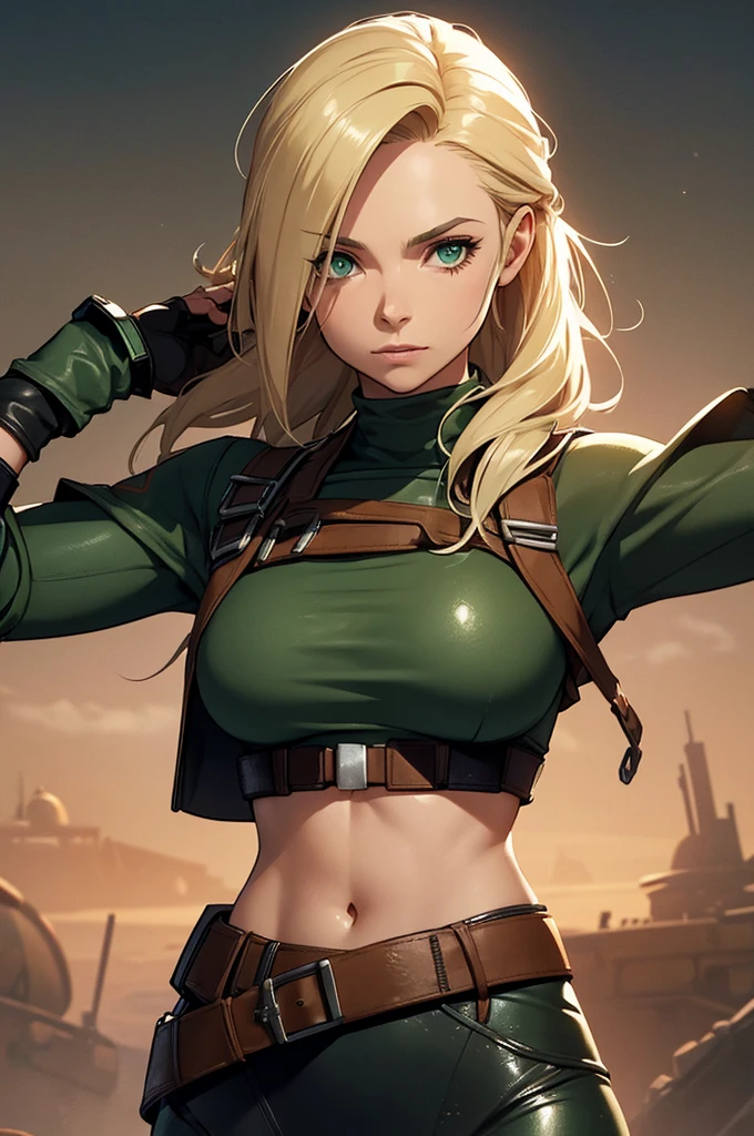 Female smuggler from Star Wars. Tatooine background. Young, fit. Blonde longer hair. Green eyes. Wearing tight leather brown leggings with a belt. 