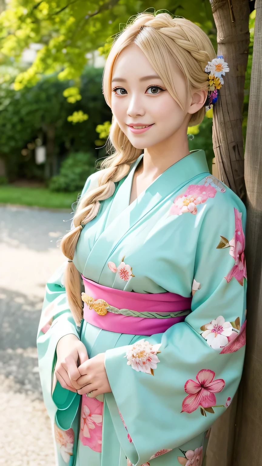 Blonde kimono beauty、Gorgeous floral patterned kimono、My cute girlfriend is a kimono model..、Green Eyes、Beautiful smile、He is short、Braiding、hair ornaments、Colorful and showy kimono、