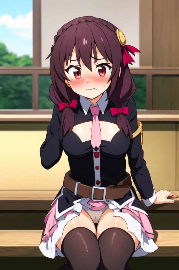 (masterpiece, Highest quality), One girl,    Yunyun,Long Hair,Braiding,Twin tails,Hair between the eyes,Red hair ribbon,hair ornaments,large round breasts,、Pink Skirt、Black Hair、Crown Blade,Black Shirt, Long sleeve,Pink tie, belt, Cleavage cutout、Above the knee、(blush:1.*****ung face、(Puffing out cheeks and sulking:1.2)、The underwear is pink、Fluttering Skirt、View the viewer