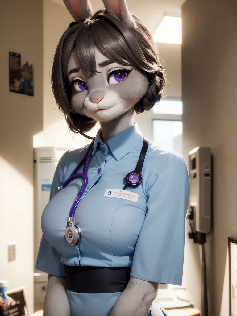 Highest quality,
masterpiece,
Ultra-realistic,
Super detailed,
Beautiful details,
4K,8K,upper,
pixar,
Photo realistic,
Medium Shot,
Background is ((hospital room)),
Realistic lighting,
((Anthropomorphic rabbit)),
Detailed animals,
Complex patterns,
(Furry:1.35),
(All skin is grey:1.35),
(The body is fluffy and bushy:1.1),
Realistic fur,
Human hand,
(Judy Hopps face:1.35),
((Single bun hairstyle)),
((side part bangs)), bangs,
hair color is dark gray,
Purple eyes,
{Eye highlights, Clear eyes, Eyes sparkling, Large, round pupils},
Detailed Iris,
(Eyebrows raised:1.2),
(Crescent eyebrows:1.3),
(Bunny ears:1.3),
hospitality smile,
((Angel smile)),
innocent smile,
raised corners of mouth,
The woman is wearing ((nurse uniform)),
cyan blue nurse uniform,
((Stethoscope)),
(alone:1.5),
(1. Female:1.5),
Only 1 character,
Perfect Anatomy,
lighting forward,
Lighting front,
Intricate details,
Ray Tracing,
Realistic,