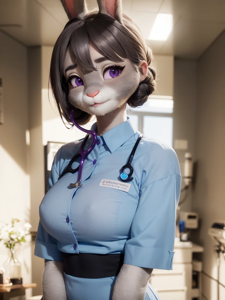 Highest quality,
masterpiece,
Ultra-realistic,
Super detailed,
Beautiful details,
4K,8K,upper,
pixar,
Photo realistic,
Medium Shot,
Background is ((hospital room)),
Realistic lighting,
((Anthropomorphic rabbit)),
Detailed animals,
Complex patterns,
(Furry:1.35),
(All skin is grey:1.35),
(The body is fluffy and bushy:1.1),
Realistic fur,
Human hand,
(Judy Hopps face:1.35),
((Single bun hairstyle)),
((side part bangs)), bangs,
hair color is dark gray,
Purple eyes,
{Eye highlights, Clear eyes, Eyes sparkling, Large, round pupils},
Detailed Iris,
(Eyebrows raised:1.2),
(Crescent eyebrows:1.3),
(Bunny ears:1.3),
hospitality smile,
((Angel smile)),
innocent smile,
raised corners of mouth,
The woman is wearing ((nurse uniform)),
cyan blue nurse uniform,
((Stethoscope)),
(alone:1.5),
(1. Female:1.5),
Only 1 character,
Perfect Anatomy,
lighting forward,
Lighting front,
Intricate details,
Ray Tracing,
Realistic,