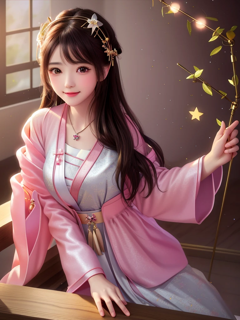 best quality, masterpiece, high resolution, 1 Girl,blush,(Charming smile:0.8),Star-shaped pupil,china hanfu,Hair accessories,necklace, Jewelry,Pretty Face,Above_Body, Tyndall effect,Reality, Dark Studio, Rim Light, Two-tone lighting,(High Detail Skin:1.2), 8K uhd, Digital SLR Camera, Soft lighting, high quality, Volumetric Lighting, frank, photo, high resolution, 4K, 8K, Bokeh