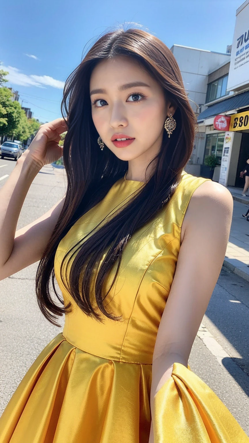 araffe woman in a yellow top and a gold skirt, an asian woman, lovely woman, a young asian woman, asian girl, beautiful asian girl, chinese girl, 18 years old, young asian girl, asian woman, asian women, beautiful south korean woman, mai anh tran, dang my linh, korean girl, 19-year-old girl, big booty, sexy booty, sexy fullbody.