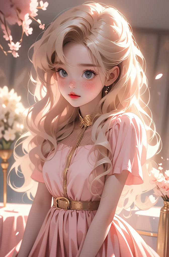 A beautiful sensual curvy blonde tween wearing a sweet Pink Party Contrast Mesh, Ruffle Hem, All Over cherry blossoms Print, A Line, Short puff Sleeves, Sweetheart neckline, thin gold belt with tiny heart buckle, High Waist,Flounce hem Long gown, very long curling hair, cute, sweet, town picnic, warm party atmosphere, pretty, pretty lighting, 8k, octane render, detailed, detailed background, 35mm, realistic, photorealistic, perfect face, cherry blossoms barrettes in hair, freckles, American face