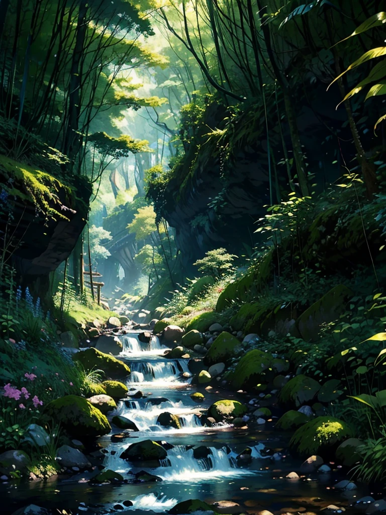 painting of a stream running through a green forest full of trees, detailed painting 4k, mountains river trees, Anime Landscape Wallpaper, Bela arte UHD 4K, anime rural landscape, detailed scenery - width 672, cute digital painting, highly detailed digital art in 4k, beautiful anime scenery, High-quality, detailed artwork in 8K, nature of anime wallpap, nature of anime