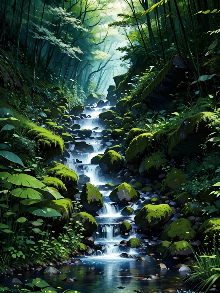 painting of a stream running through a green forest full of trees, detailed painting 4k, mountains river trees, Anime Landscape Wallpaper, Bela arte UHD 4K, anime rural landscape, detailed scenery - width 672, cute digital painting, highly detailed digital art in 4k, beautiful anime scenery, High-quality, detailed artwork in 8K, nature of anime wallpap, nature of anime
