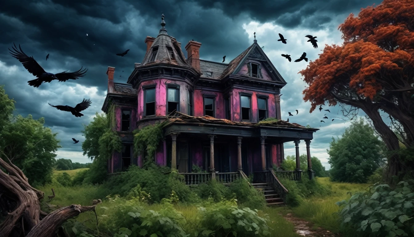 A dark, gothic abandoned house with overgrown vegetation, a stormy sky, and ravens flying around. Edgar Allen Poe style. Hyper realistic photo, vibrant colors, 16k