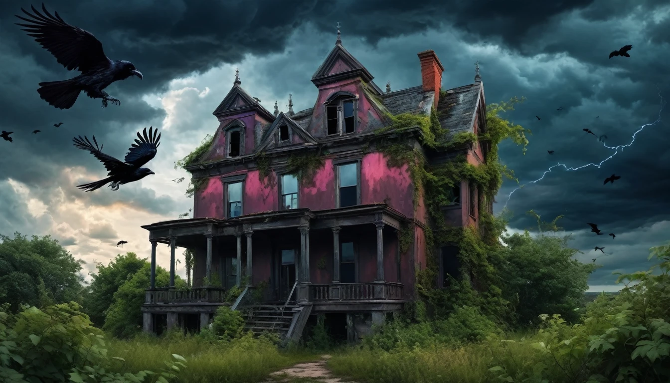 A dark, gothic abandoned house with overgrown vegetation, a stormy sky, and ravens flying around. Edgar Allen Poe style. Hyper realistic photo, vibrant colors, 16k