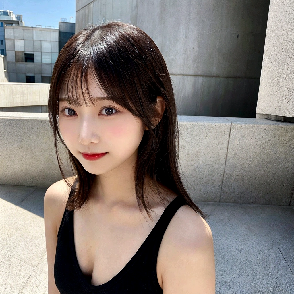 Long, straight black hair
Bangs, straight and natural
Oval-shaped face, well-balanced contour
Large, round dark-colored eyes
Small, well-shaped nose
Small mouth, naturally full lips, warm smile
Thin, neatly shaped eyebrows
Clean and approachable aura
White bikini
Healthy, well-proportioned body with a larger bust
Former idol, Friendly and elegant demeanor
Background: modern and aesthetically pleasing rooftop setting with soft lighting
Realistic skin texture and facial details