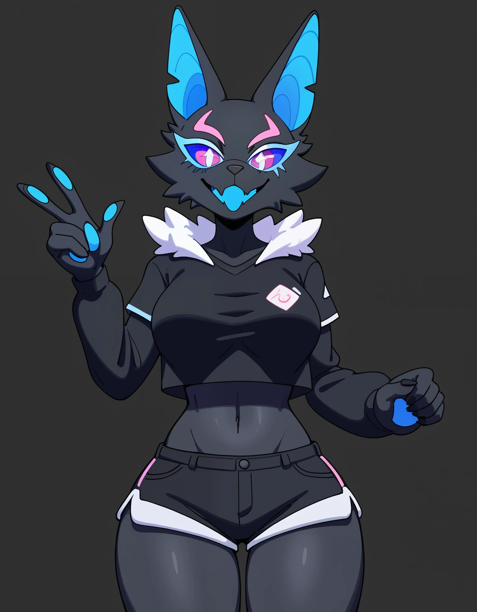 Anthro, furry female, blue inner ear, black fur, black body, pink iris, blue sclera, wearing black t shirt, black short shorts, tall and curvy, grinning, simple white background, flat colors, simple white background, flat colors,
