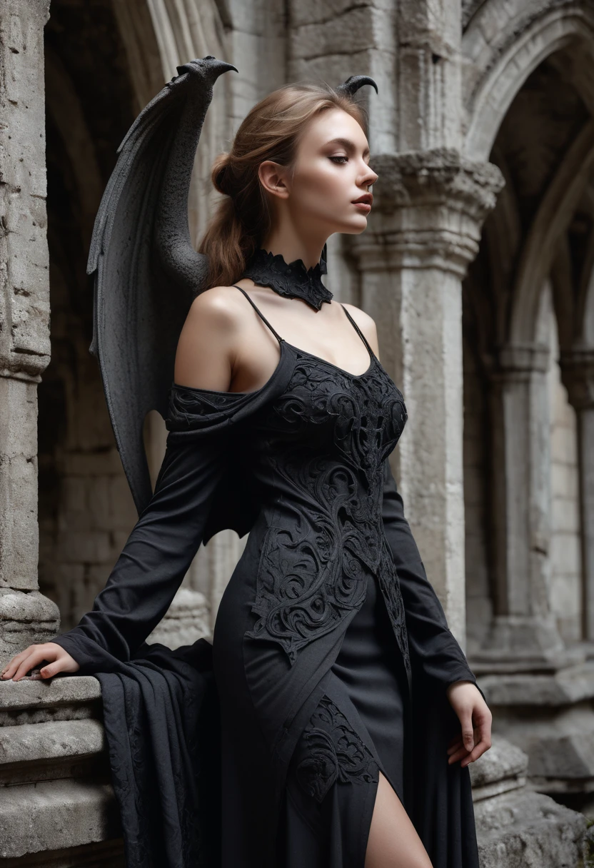 (Highest quality:1.2), RAW Photos, High resolution, Very detailed, Intricate details, posing on gothic concrete gargoyle, Light brown hair、 (multiple views), Clear beauty, hips,, posing with GARGOYLE, (High quality fabric dark drapery outfit, fashion layering fabrics、 dark stone around the neck)、 exterior roof, gargoyle sculpture, old ruins, ritual collective, together surroundings, embraced by energy mass,