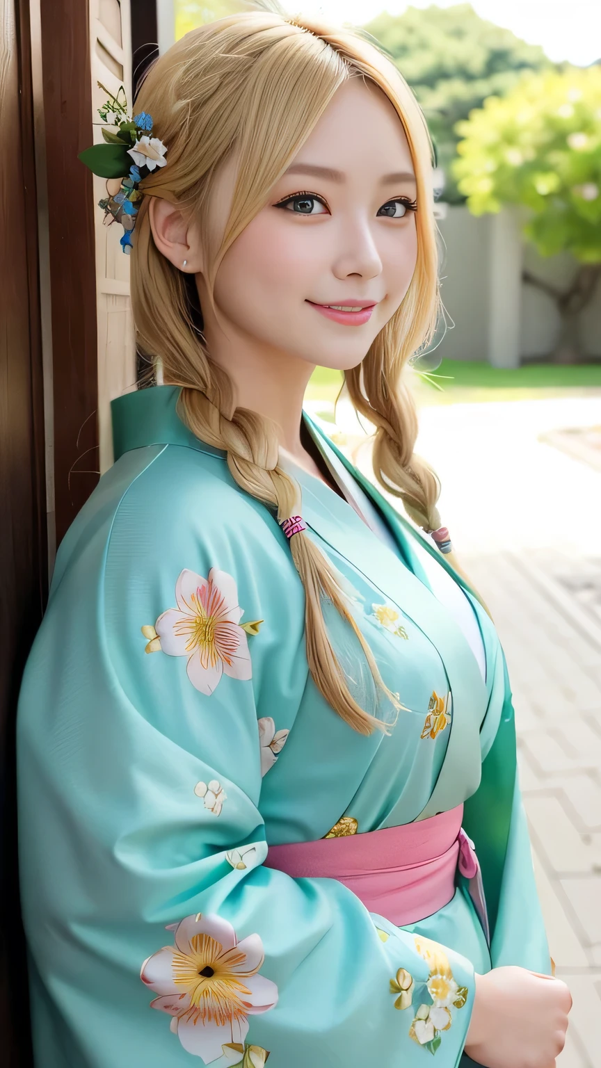 Blonde kimono beauty、Gorgeous floral patterned kimono、My cute girlfriend is a kimono model..、Green Eyes、Beautiful smile、He is short、Braiding、hair ornaments、Colorful and showy kimono、