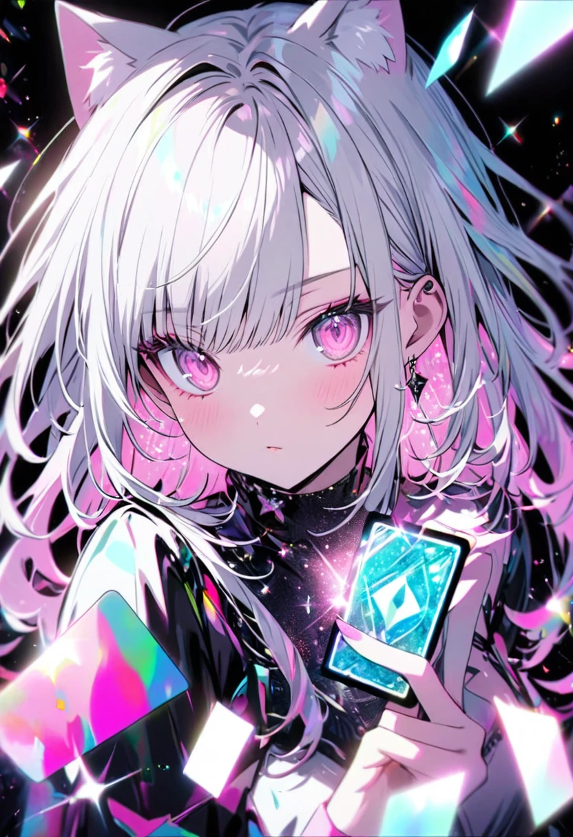 A high-quality hologram card, pretty girl,Cat ear, Beautiful silver hair,Pink inside,Beautiful pink eyes,with glitter, and a black background around the card, clear coloring, and colorful