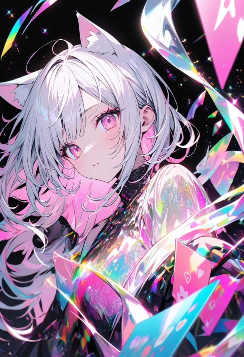 A high-quality hologram card, pretty girl,Cat ear, Beautiful silver hair,Pink inside,Beautiful pink eyes,with glitter, and a black background around the card, clear coloring, and colorful