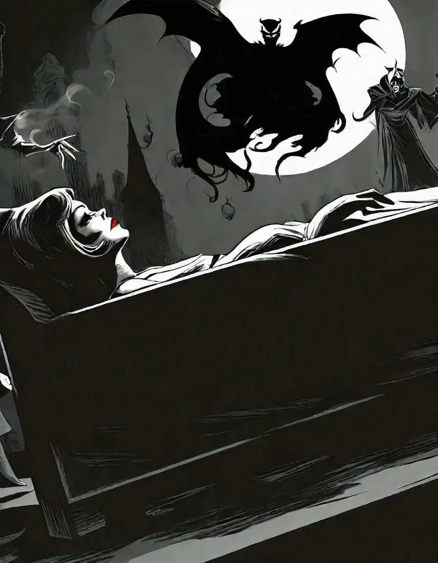 man trying to poke her with a demon at a bed side smoking and drinking,something evil there is smoke in the environment, quality black and white comic style the stage is dark and is in the background are shadow men, gl9wing red contrasting eyes