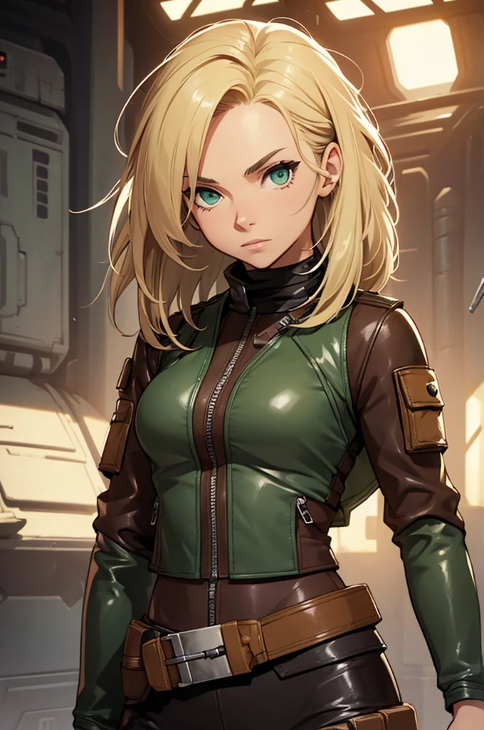 Female smuggler from Star Wars. Tatooine background. Young, fit. Blonde longer hair. Green eyes. Wearing tight leather brown leggings with a belt. Short jacket or vest.