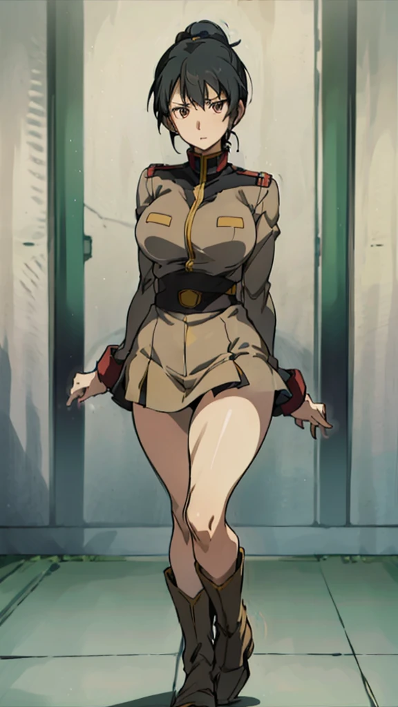 1 girl、Beautiful female officer of the Earth Federation Army、short black hair、side braid，Idol-level cuteness、Accurately draw faces、plump figure，Large Breasts、Healthy Thighs Short Skirt Earth Federation Army、knee height、Battleship bridge interior、anatomically correct、Precise fingers、Precise leaf stone carving、Photoreal