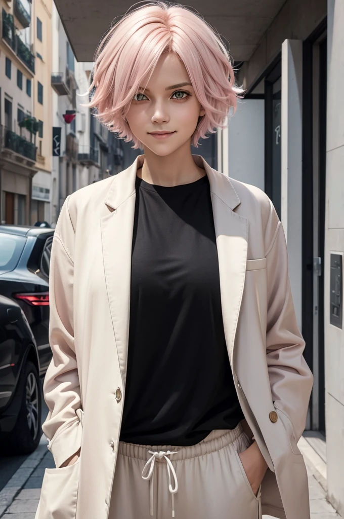 woman with short, fluffy light pink hair, tomboy cut, bright golden eyes, intimidating and serious look, smiling in a neutral way, wearing a black shirt, black joggers and a white, thin, flat doctor's coat (without bust) but caderona